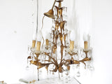 French Italian florentine tole hanging chinoiserie 6 armed chandelier with crystal drops