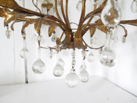 French Italian florentine tole hanging chinoiserie 6 armed chandelier with crystal drops