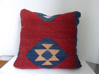 Vintage kilm rug pillow,turkish anatolian rug pillow, old rug navy blue, red and blue color pillow large floor pillow 22x22