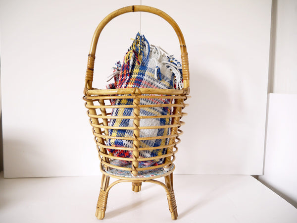 Vintage Mid century Mod Rattan bamboo plant rack basket holder sewing basket