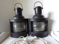 Electrified Antique Nautical Lanterns with Fresnel Glass Lens set of 2