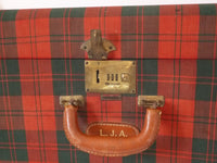 French Vintage suitcase red plaid with Leather edging and monogram XLarge luggage