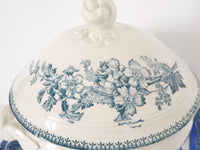 French Soup Tureen ironstone stonewear blue and white transfer ware -Jeanne d'arc birds and flowers