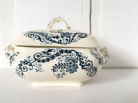 French Soup Tureen ironstone stonewear blue and ivory ironstone transferrer -floral acacia Jeanne d'arc living rectangular