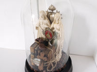 French Antique bell jar cloche display dome with 19c century religious items