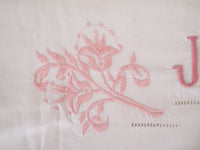 French vintage Monogrammed sheet JB Pink floral frieze cotton ladder back