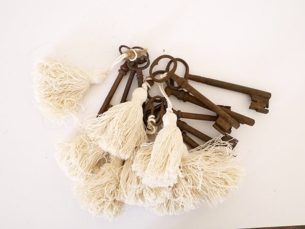 Vintage Rusty Skeleton Key with white hemp tassel small medium and large sizes