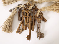 French Vintage Rusty Skeleton Keys with burlap tassel set of three keys