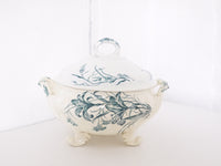 French Soup Tureen blue and white  -Jeanne d'arc floral stone wear ironstone transfer ware with feet