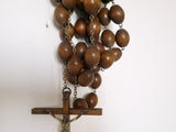 French religious wooden beaded antique rosary necklace, EXTRA Long large monks rosary wood cross crucifix corpus christi Jesus Lourdes