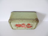 French Vintage metal box tin almond green with carnations in red-orange rusty shabby
