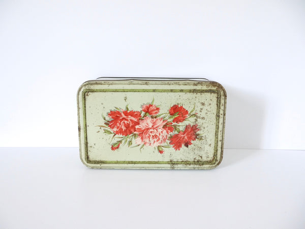 French Vintage metal box tin almond green with carnations in red-orange rusty shabby