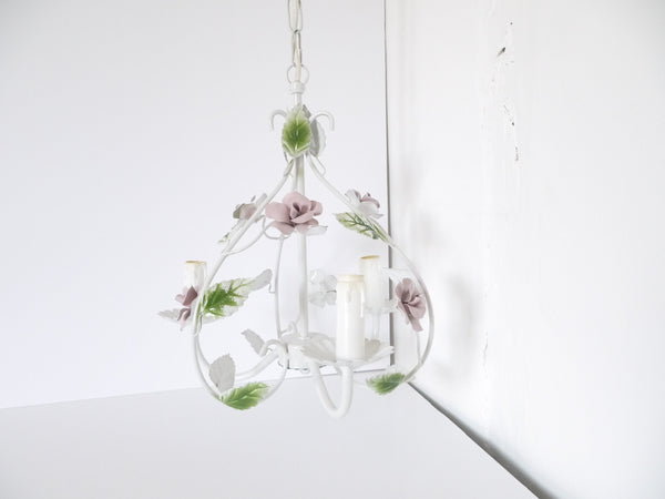 French Vintage metal chandelier pink green  and ivory  roses Tole chandelier -light fixture-pendant