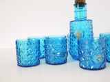 French vintage blue glass decanter set with glasses 8 Martel Liquor