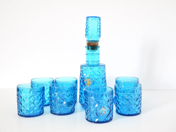 French vintage blue glass decanter set with glasses 8 Martel Liquor