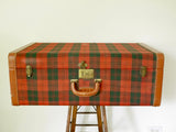 Green and Red plaid suitcase large with monogram leather and brass clasps