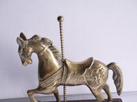 Brass horse carousel figurines on wooden stand house decoration mcm decoration