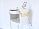 French bedside table night stand LXV shaped curved legs shabby chic and gold leafed