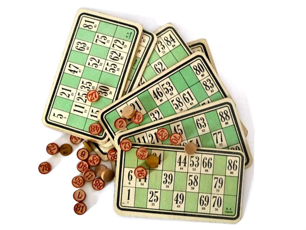 French Bingo card game lotto-1960's, french, ephemera,paper craft vintage with wooden numbers markers